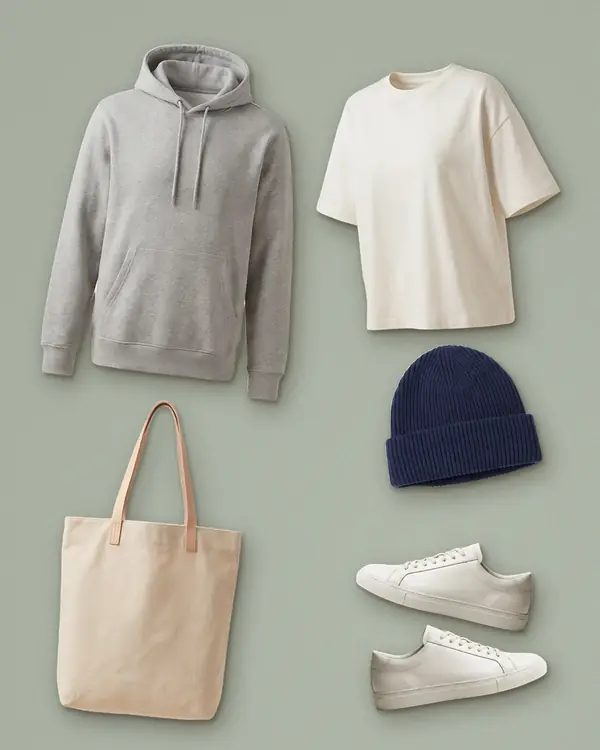 A flat-lay of an outfit: grey hoodie, off-white tee, navy beanie, white sneakers and a canvas tote bag.