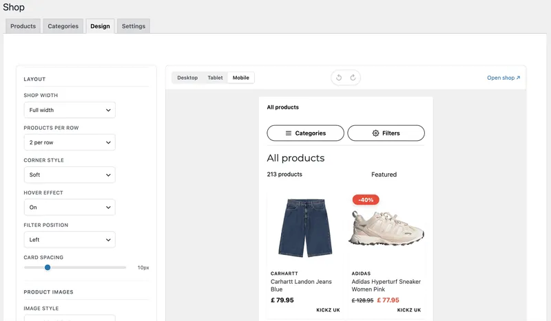 The MyFeeds shop design editor with its controls and a live preview of the storefront