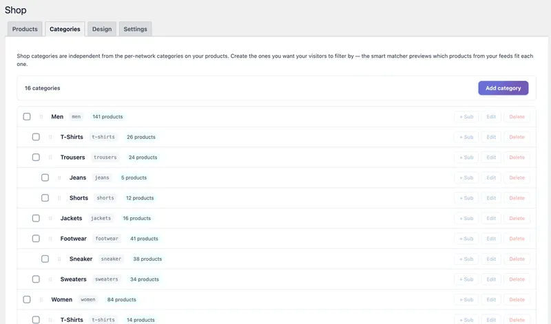 The MyFeeds category editor: a list of shop categories such as Men, T-Shirts, Trousers and Footwear, each with its number of products