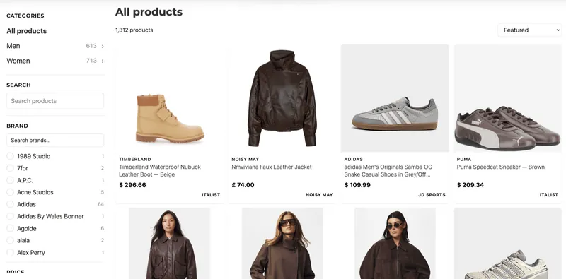 The storefront on a laptop: category navigation on the left, brand filters, search and a product grid