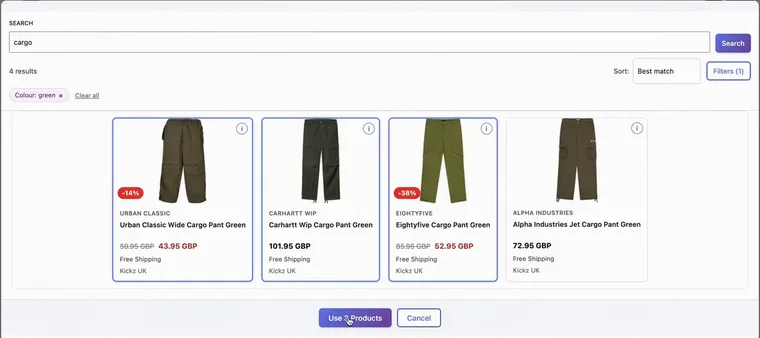 The product picker window: four cargo trousers found, filtered by the colour green, three of them selected, and the Use 3 Products button at the bottom.