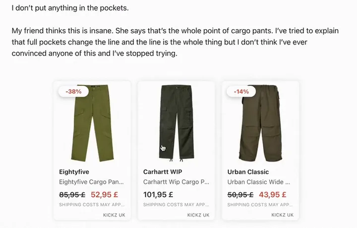 The published post: a paragraph of text and below it three product cards for cargo trousers, two of them with a discount badge and the old price struck through.