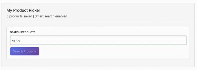 The Product Picker block in the editor with the word cargo typed into its Search Products field and the Search Products button below.