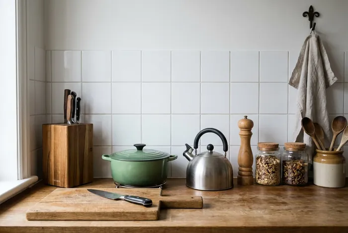 A kitchen counter: a knife block, a sage green casserole, a steel kettle, a pepper mill, storage jars and an oak chopping board with a knife.