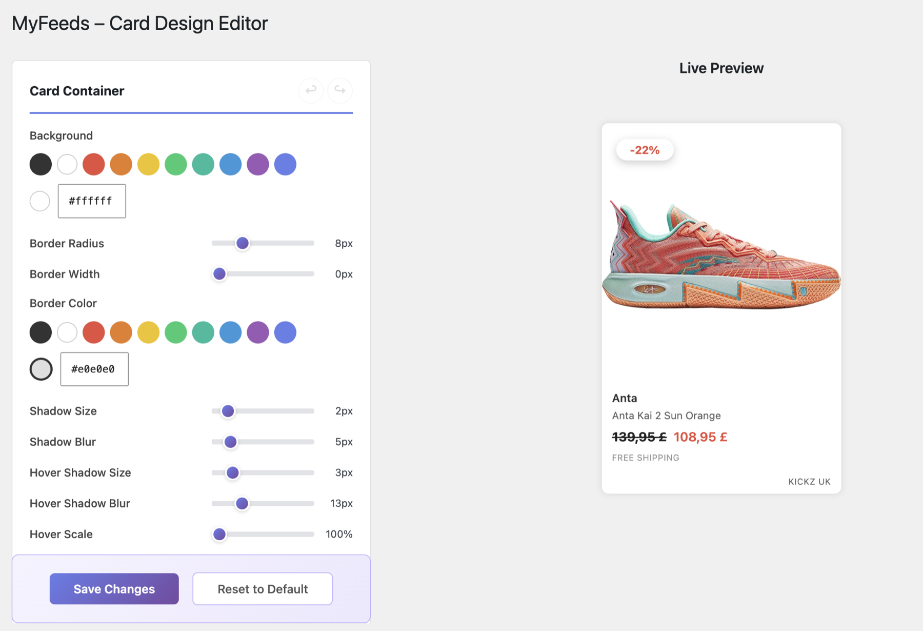 MyFeeds Pro card design editor with controls and a live preview card on the right