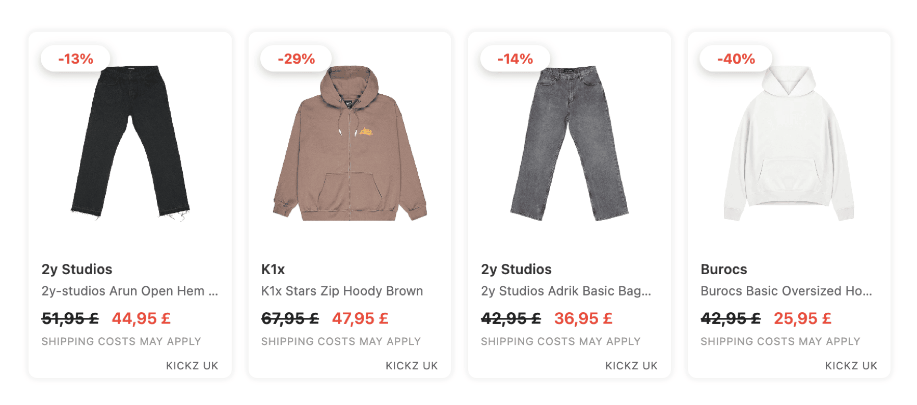 MyFeeds product grid inside a WordPress post: four product cards with sale badges, prices and shipping note