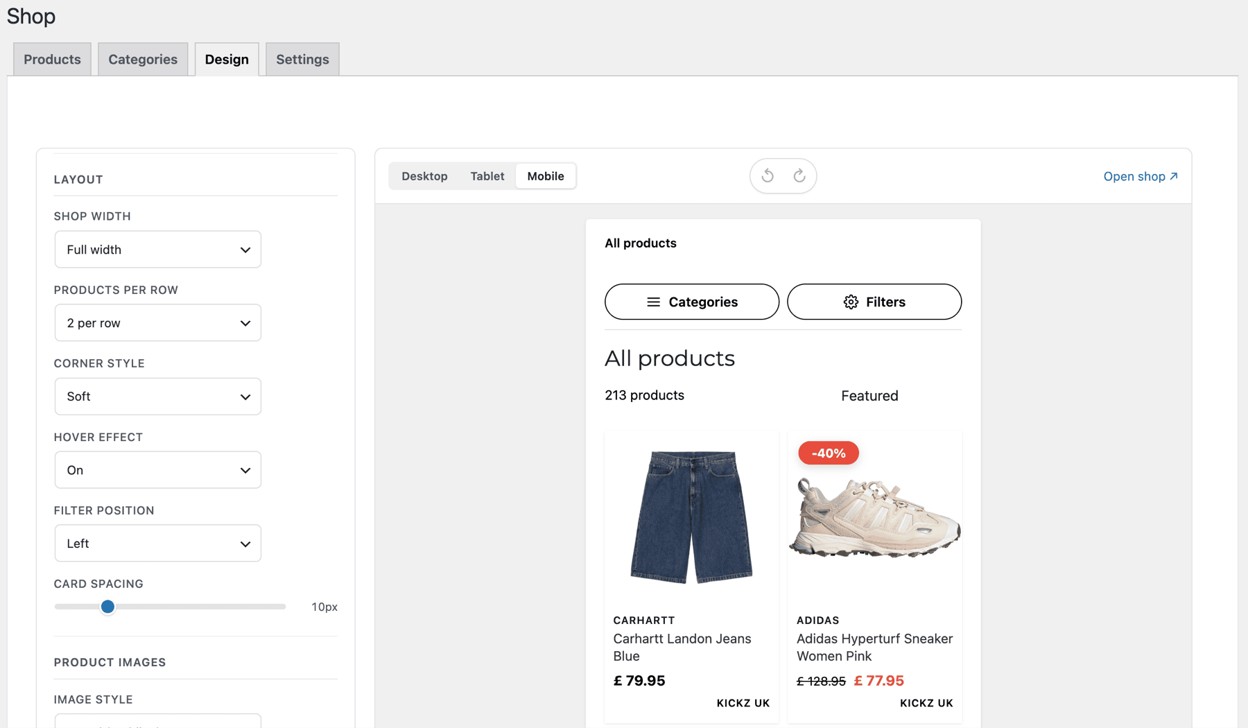 MyFeeds Shop admin Design tab with layout controls and a Desktop/Tablet/Mobile storefront preview