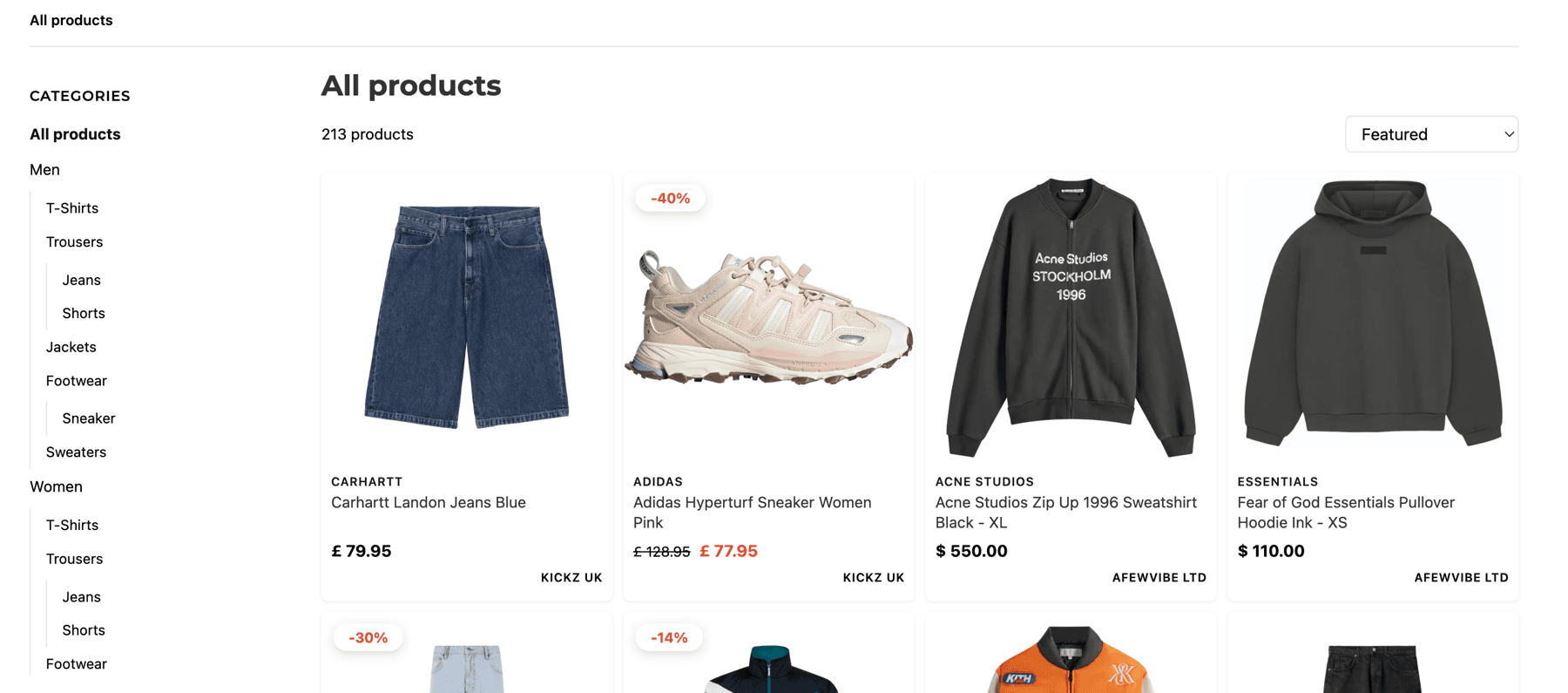 MyFeeds storefront on a WordPress site: All products view with category sidebar and a grid of real product cards