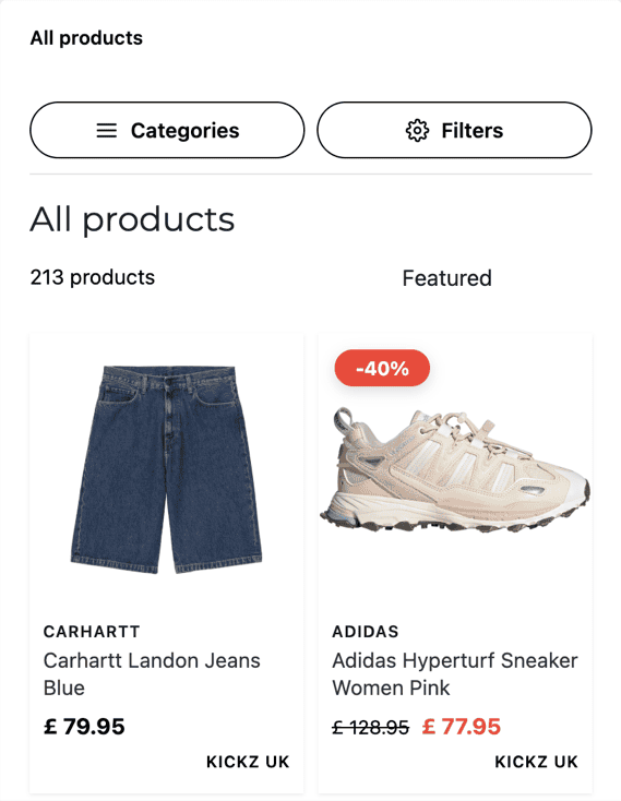 The same storefront on a phone: categories and filters as buttons above a two-column product grid