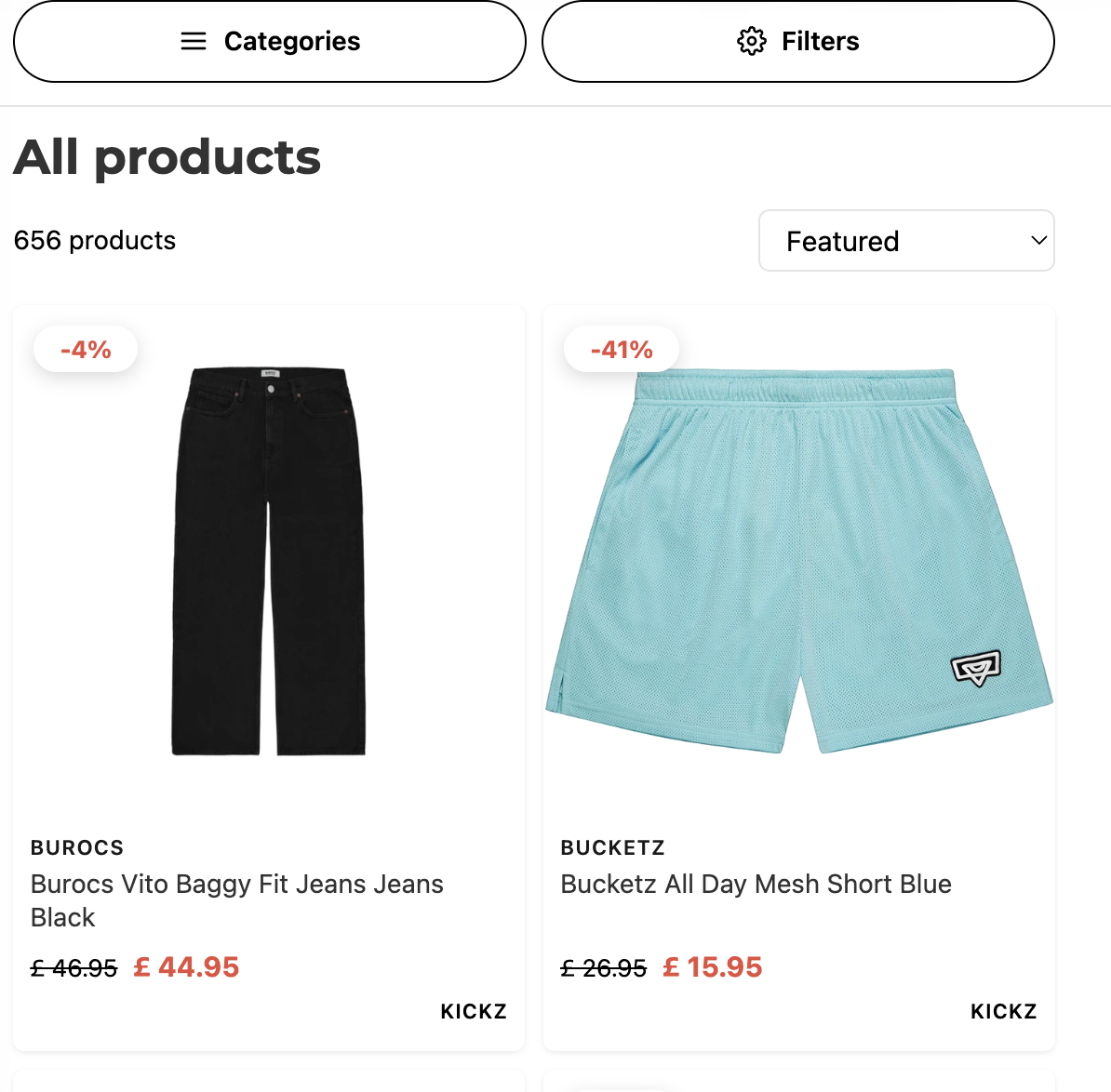 The same storefront on a tablet: categories and filters as buttons above a two-column product grid